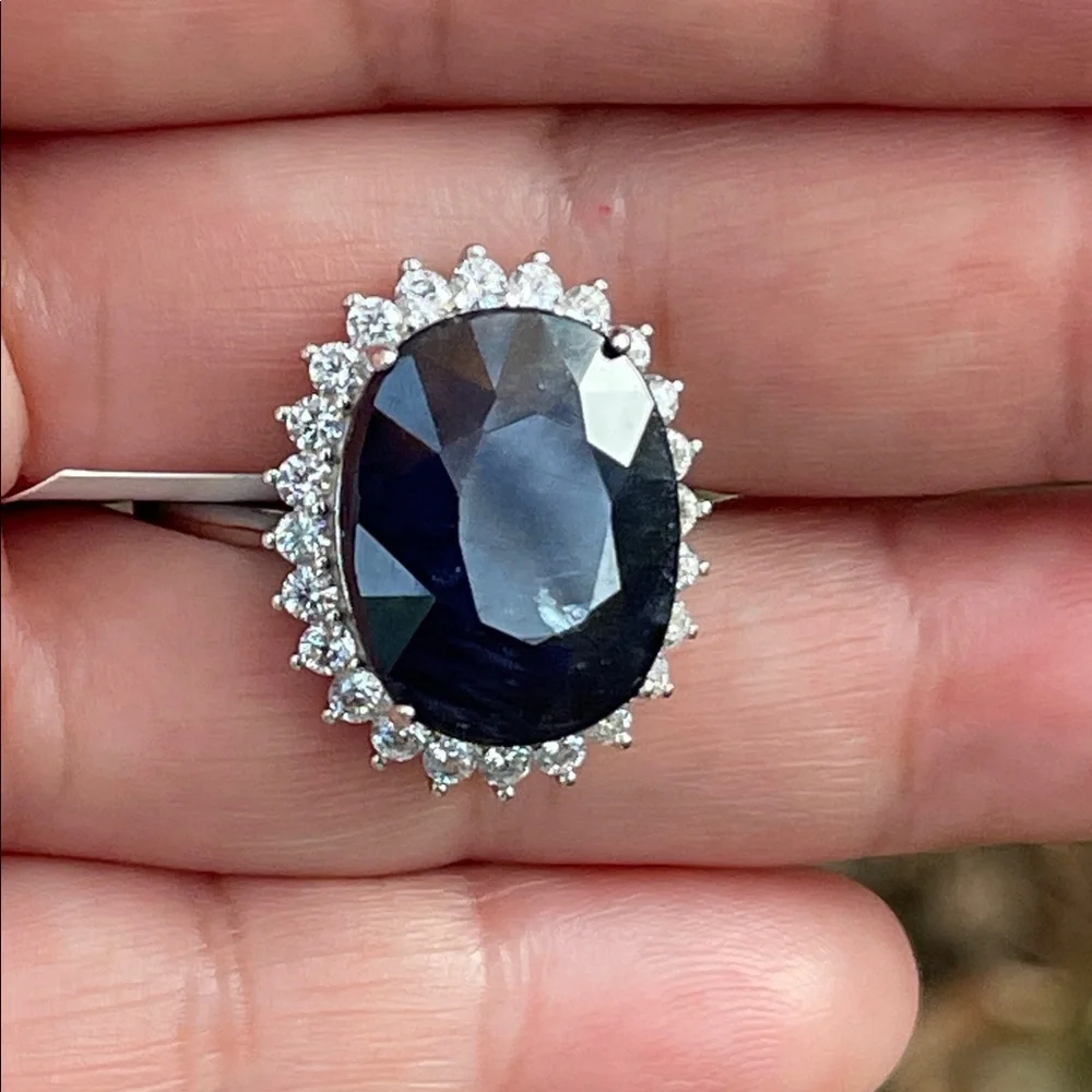 NWT Natural Sapphire 16X13mm CZ accents Statement Ring S10 Unheated/ Untreated - Picture 14 of 14